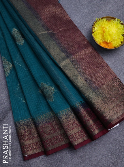 Banarasi semi matka saree teal green shade and wine shade with antique zari woven buttas and antique zari border