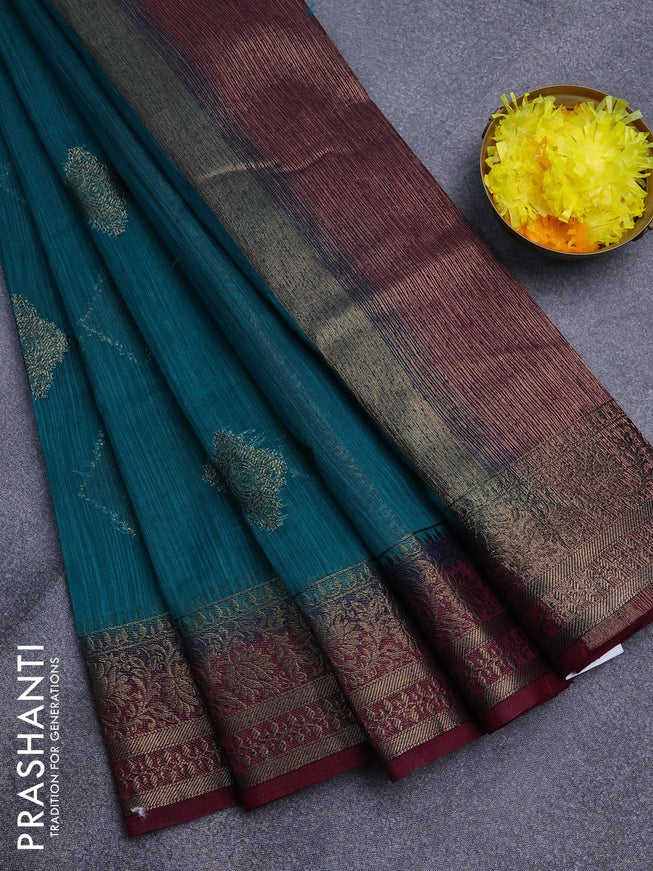 Banarasi semi matka saree teal green shade and wine shade with antique zari woven buttas and antique zari border