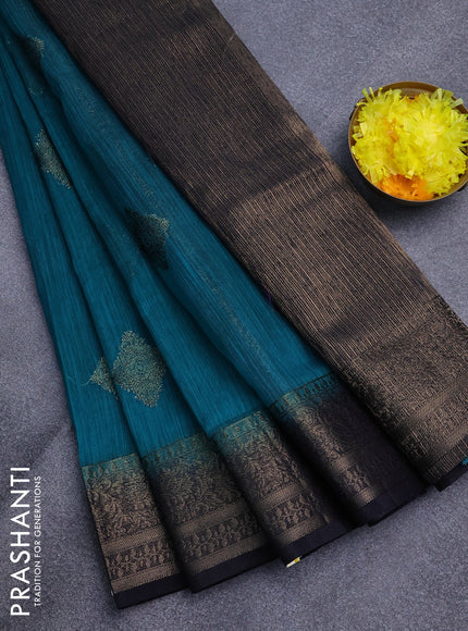 Banarasi semi matka saree teal green shade and navy blue with antique zari woven buttas and antique zari border