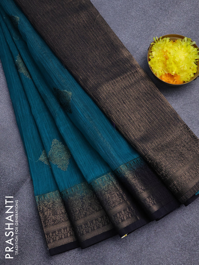 Banarasi semi matka saree teal green shade and navy blue with antique zari woven buttas and antique zari border