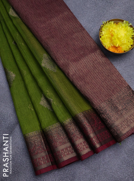 Banarasi semi matka saree light green and deep maroon with antique zari woven buttas and antique zari border