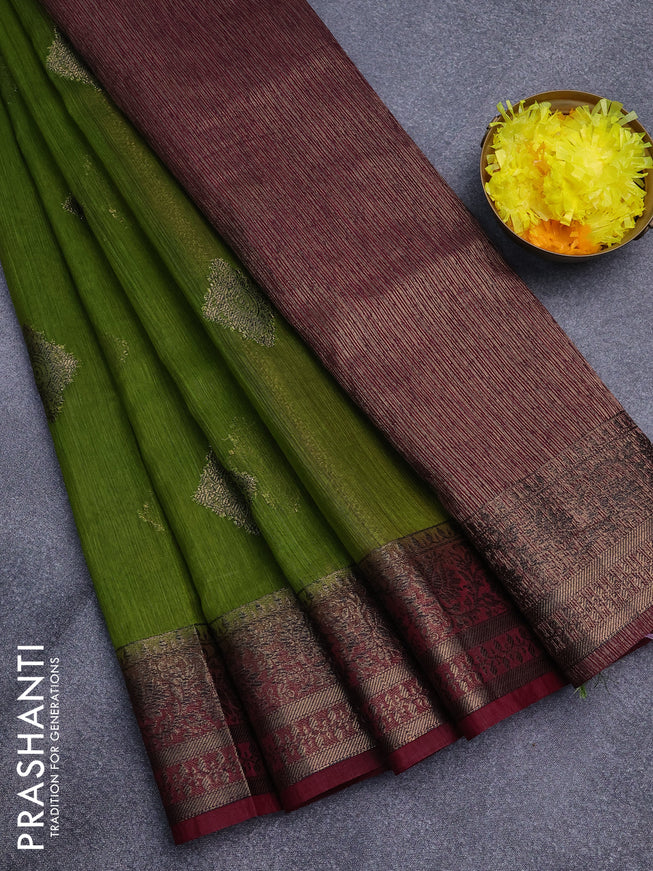 Banarasi semi matka saree light green and deep maroon with antique zari woven buttas and antique zari border