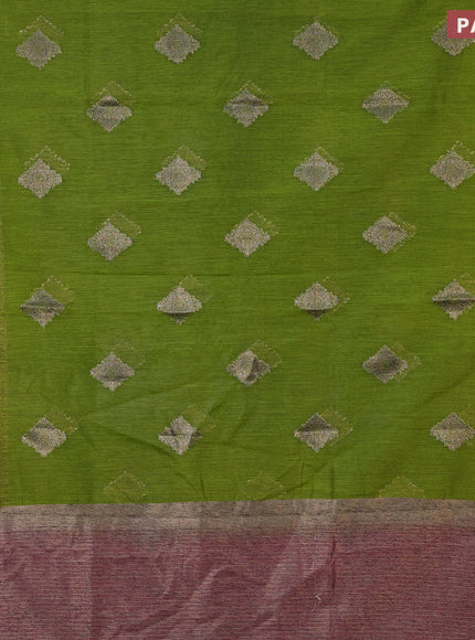 Banarasi semi matka saree light green and deep maroon with antique zari woven buttas and antique zari border