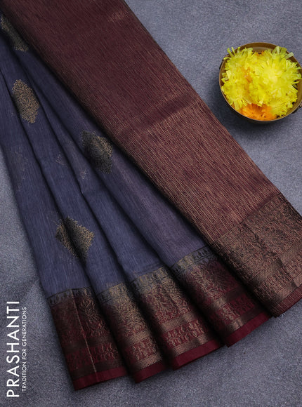 Banarasi semi matka saree grey and deep maroon with antique zari woven buttas and antique zari border