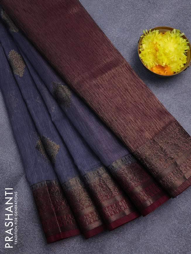 Banarasi semi matka saree grey and deep maroon with antique zari woven buttas and antique zari border