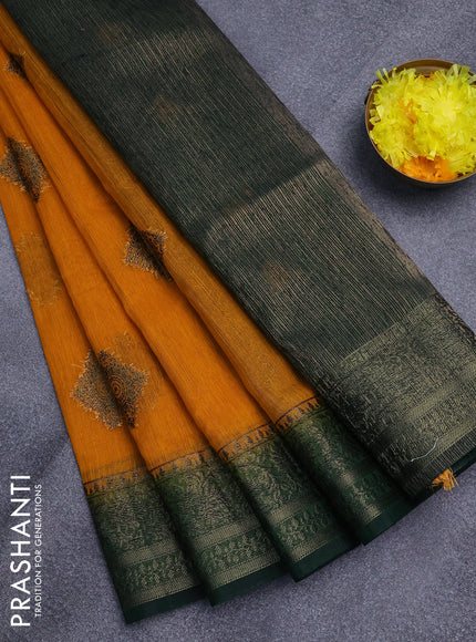 Banarasi semi matka saree mango yellow and bottle green with antique zari woven buttas and antique zari border