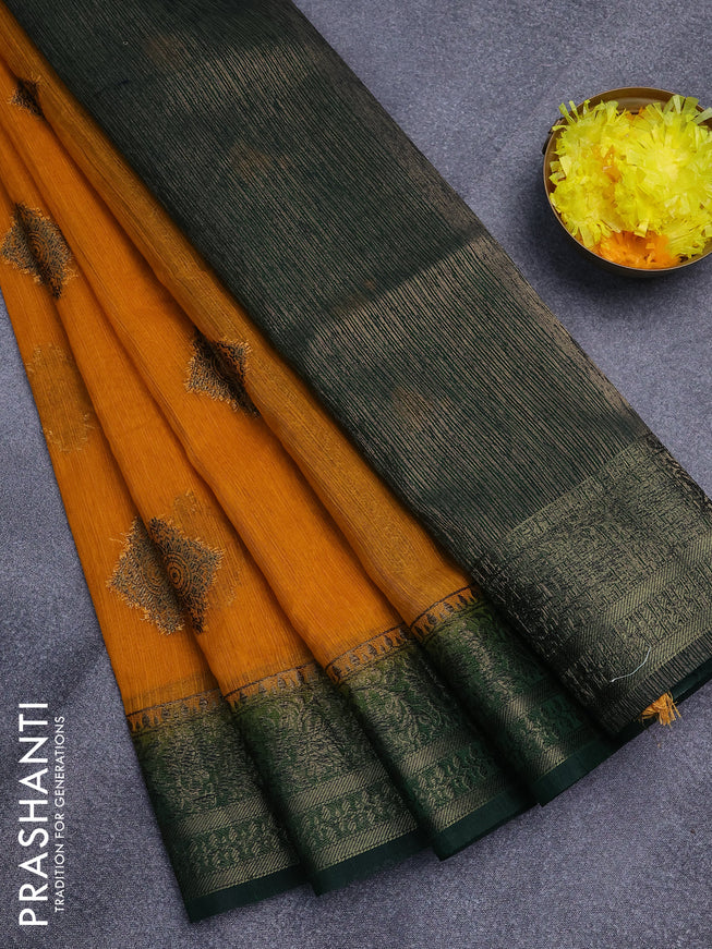 Banarasi semi matka saree mango yellow and bottle green with antique zari woven buttas and antique zari border