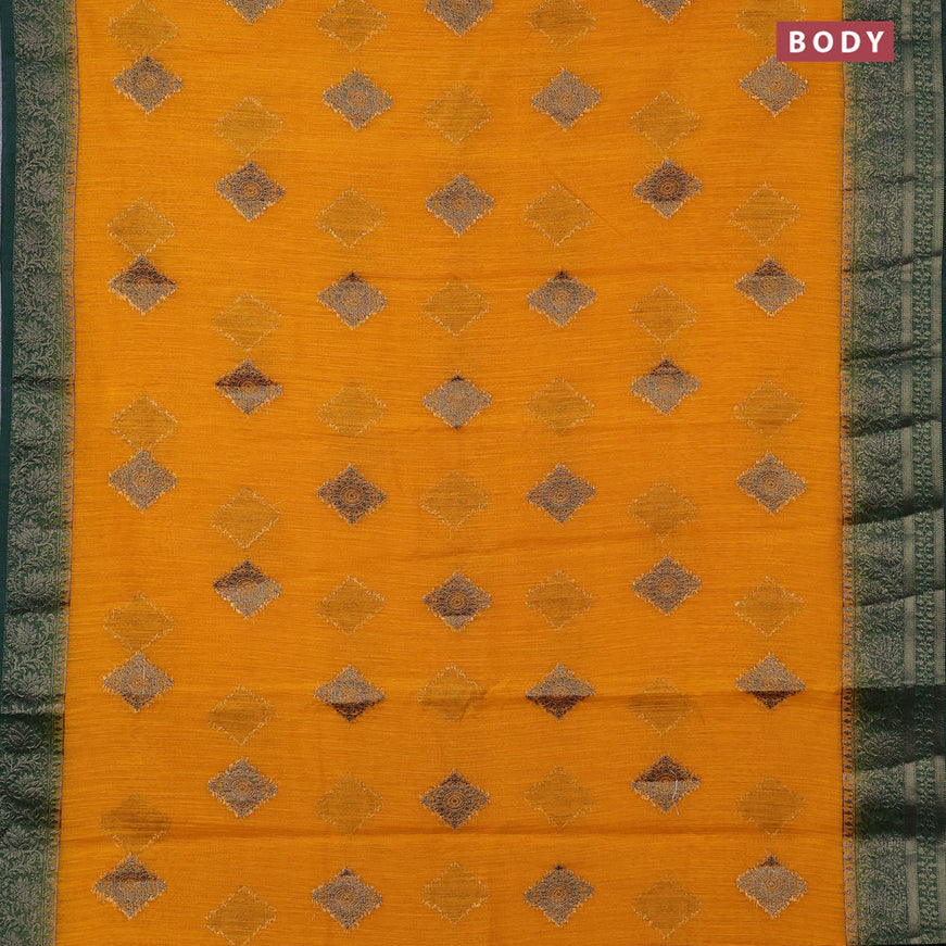 Banarasi semi matka saree mango yellow and bottle green with antique zari woven buttas and antique zari border