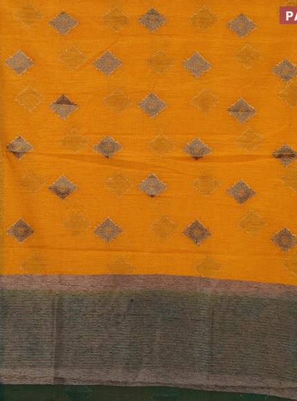 Banarasi semi matka saree mango yellow and bottle green with antique zari woven buttas and antique zari border