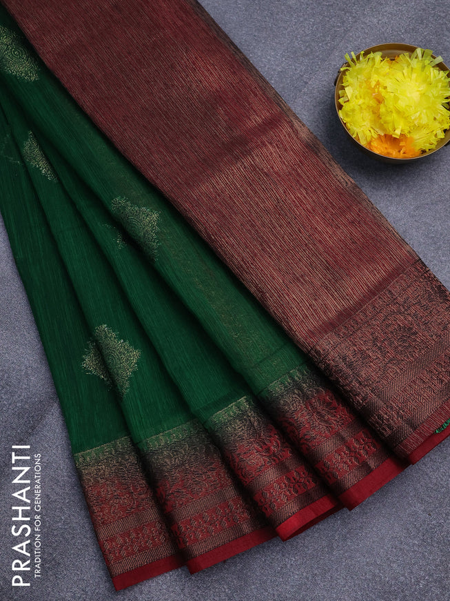 Banarasi semi matka saree green and maroon with antique zari woven buttas and antique zari border