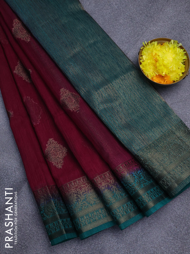 Banarasi semi matka saree wine shade and teal green with antique zari woven buttas and antique zari border