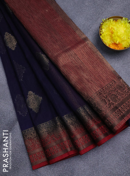 Banarasi semi matka saree navy blue and maroon with antique zari woven buttas and antique zari border