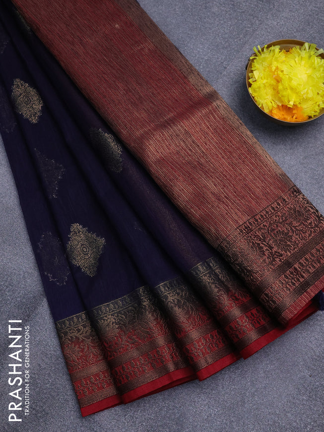 Banarasi semi matka saree navy blue and maroon with antique zari woven buttas and antique zari border