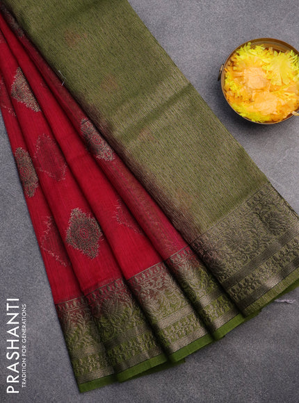 Banarasi semi matka saree dark pink and sap green with antique zari woven buttas and antique zari border