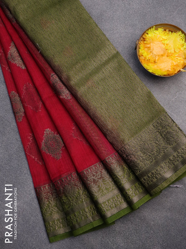 Banarasi semi matka saree dark pink and sap green with antique zari woven buttas and antique zari border