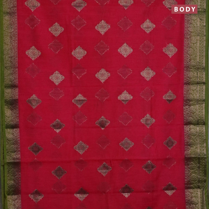 Banarasi semi matka saree dark pink and sap green with antique zari woven buttas and antique zari border