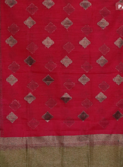 Banarasi semi matka saree dark pink and sap green with antique zari woven buttas and antique zari border