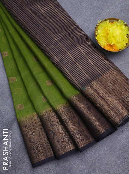 Banarasi semi matka saree light green and dark blue with antique zari woven buttas and antique zari border