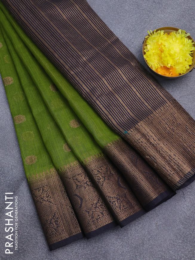 Banarasi semi matka saree light green and dark blue with antique zari woven buttas and antique zari border