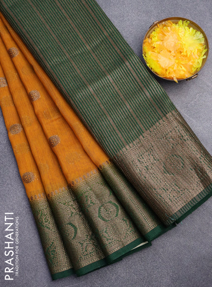 Banarasi semi matka saree mustard yellow and green with antique zari woven buttas and antique zari border