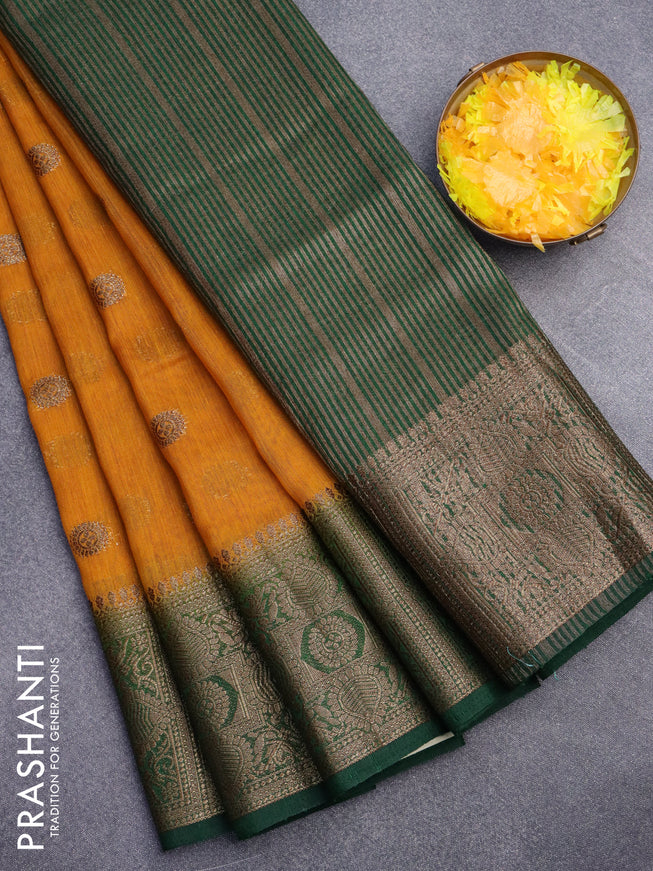 Banarasi semi matka saree mustard yellow and green with antique zari woven buttas and antique zari border