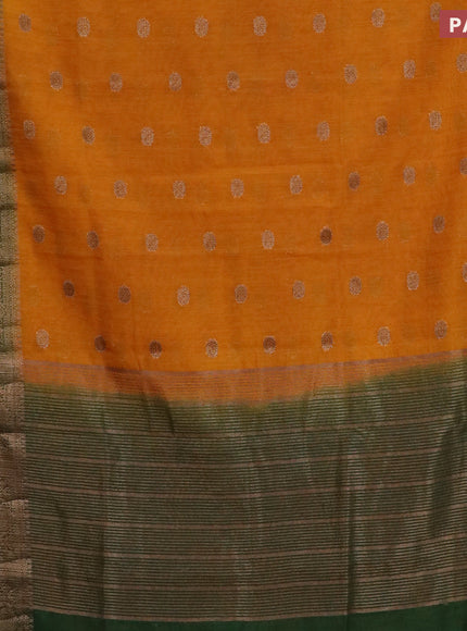 Banarasi semi matka saree mustard yellow and green with antique zari woven buttas and antique zari border