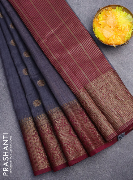 Banarasi semi matka saree dark grey and dark magenta pink with antique zari woven buttas and antique zari border