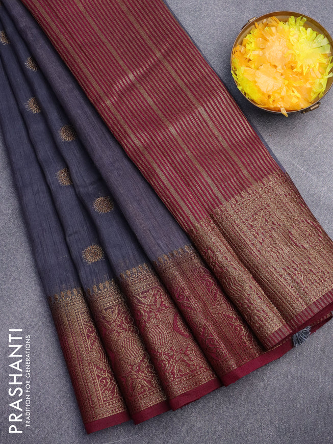 Banarasi semi matka saree dark grey and dark magenta pink with antique zari woven buttas and antique zari border