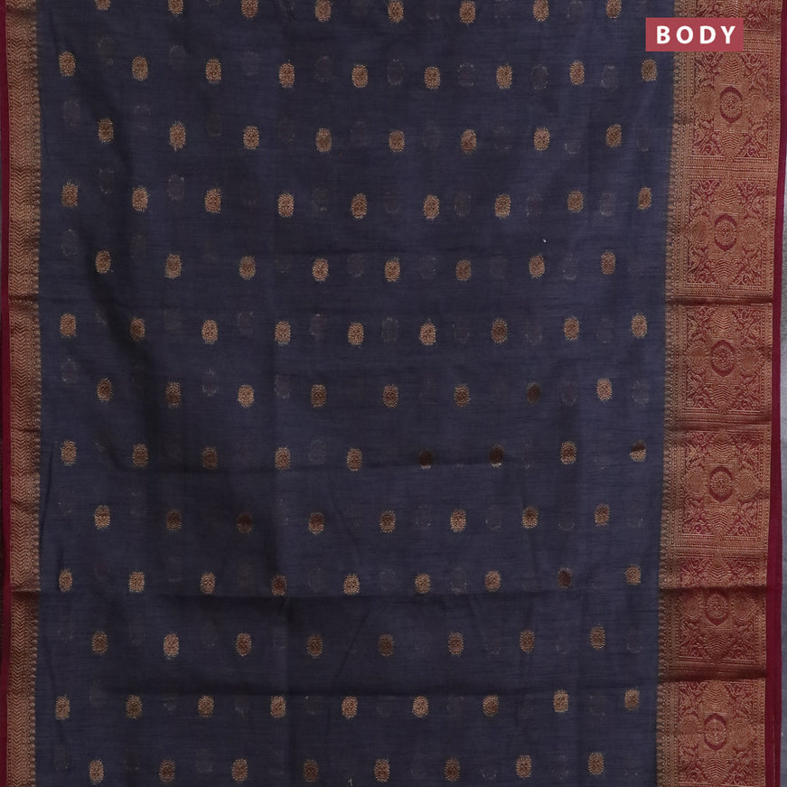 Banarasi semi matka saree dark grey and dark magenta pink with antique zari woven buttas and antique zari border