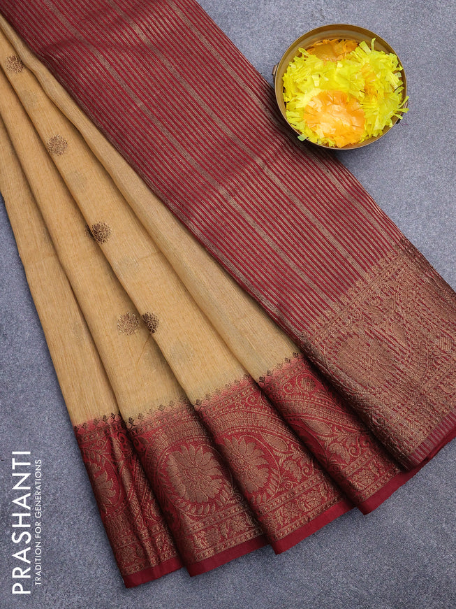 Banarasi semi matka saree sandal and maroon with antique zari woven buttas and antique zari border