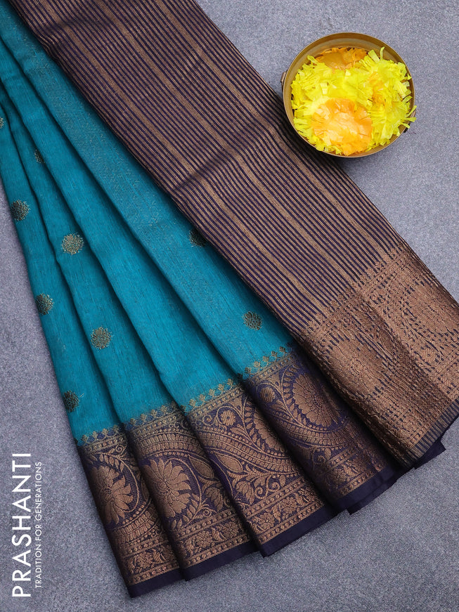 Banarasi semi matka saree teal blue and navy blue with antique zari woven buttas and antique zari border