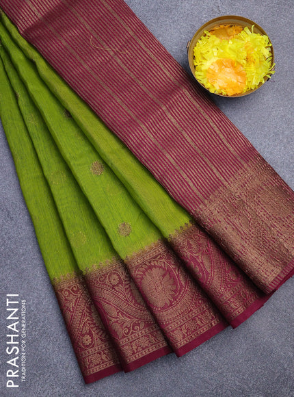 Banarasi semi matka saree light green and magenta pink with antique zari woven buttas and antique zari border