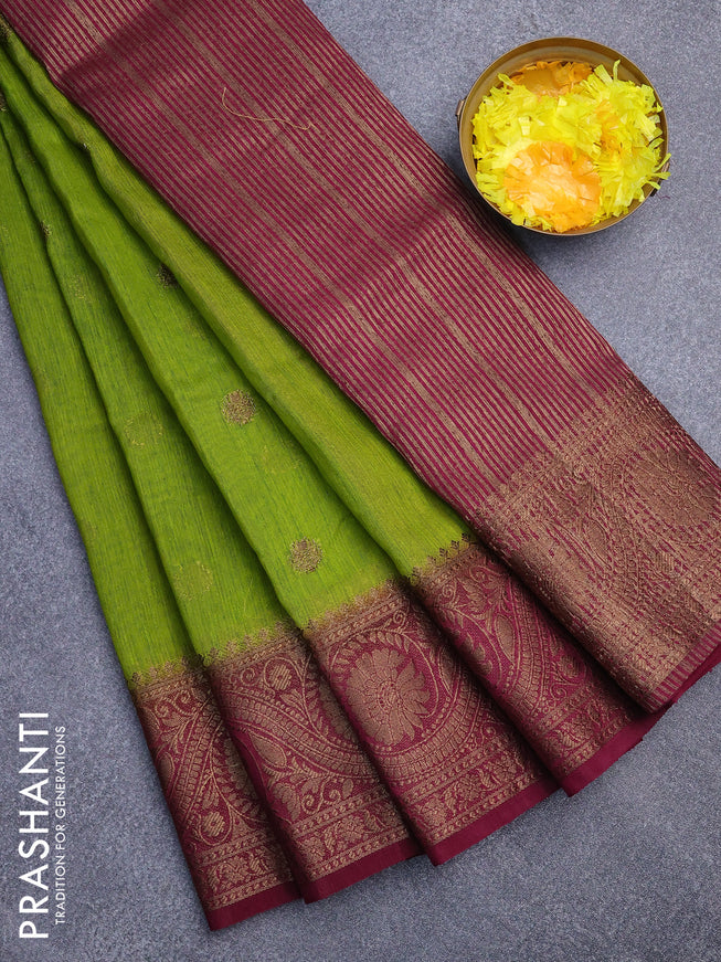 Banarasi semi matka saree light green and magenta pink with antique zari woven buttas and antique zari border