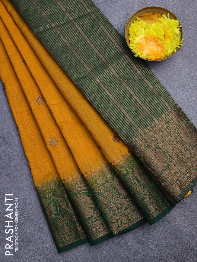 Banarasi semi matka saree mango yellow and green with antique zari woven buttas and antique zari border