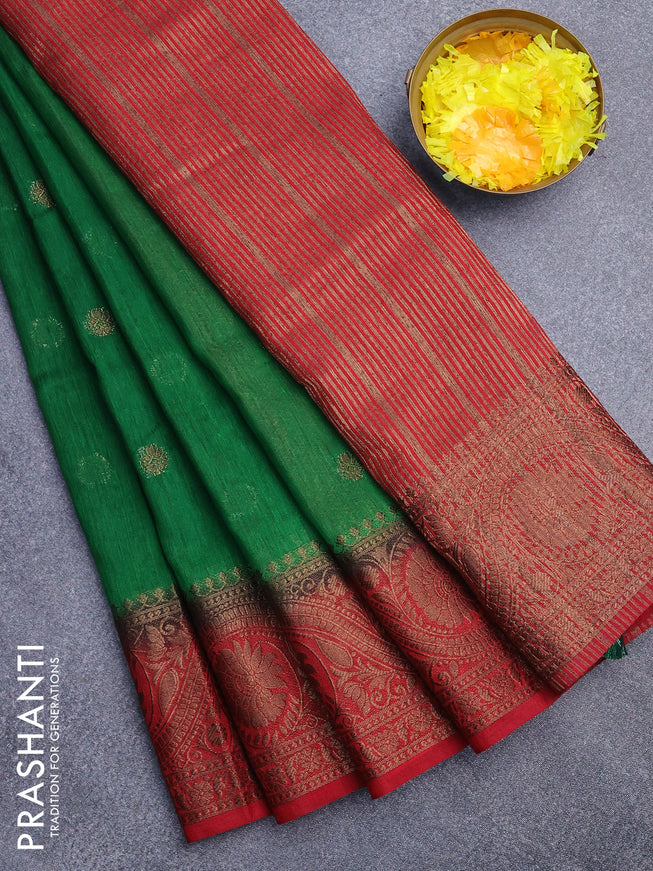 Banarasi semi matka saree green and red with antique zari woven buttas and antique zari border