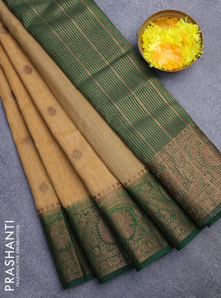 Banarasi semi matka saree sandal and green with antique zari woven buttas and antique zari border