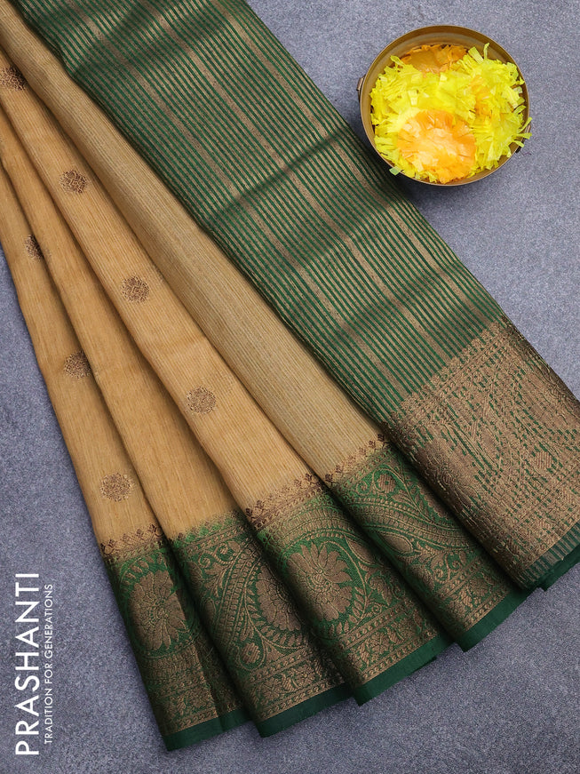 Banarasi semi matka saree sandal and green with antique zari woven buttas and antique zari border