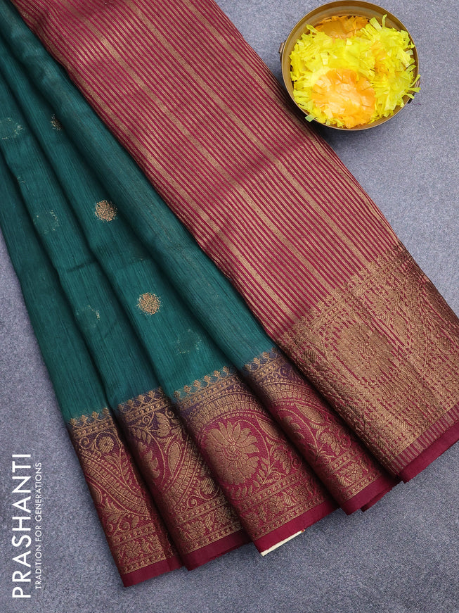 Banarasi semi matka saree green and magenta pink with antique zari woven buttas and antique zari border