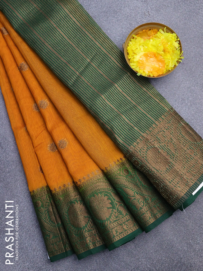 Banarasi semi matka saree mango yellow and green with antique zari woven buttas and antique zari border