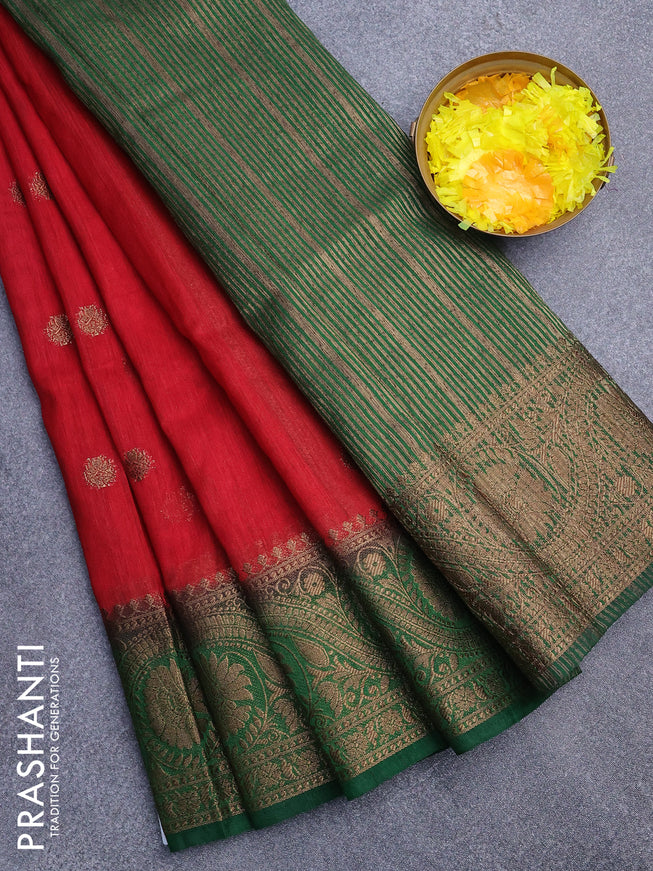 Banarasi semi matka saree red and green with antique zari woven buttas and antique zari border