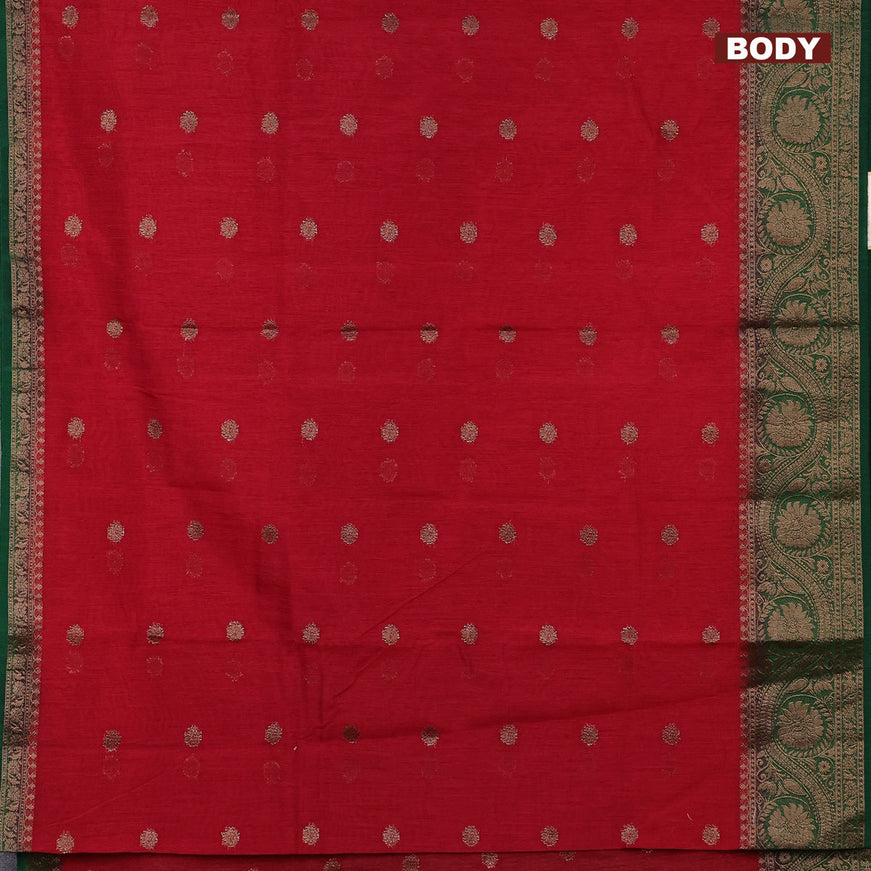 Banarasi semi matka saree red and green with antique zari woven buttas and antique zari border