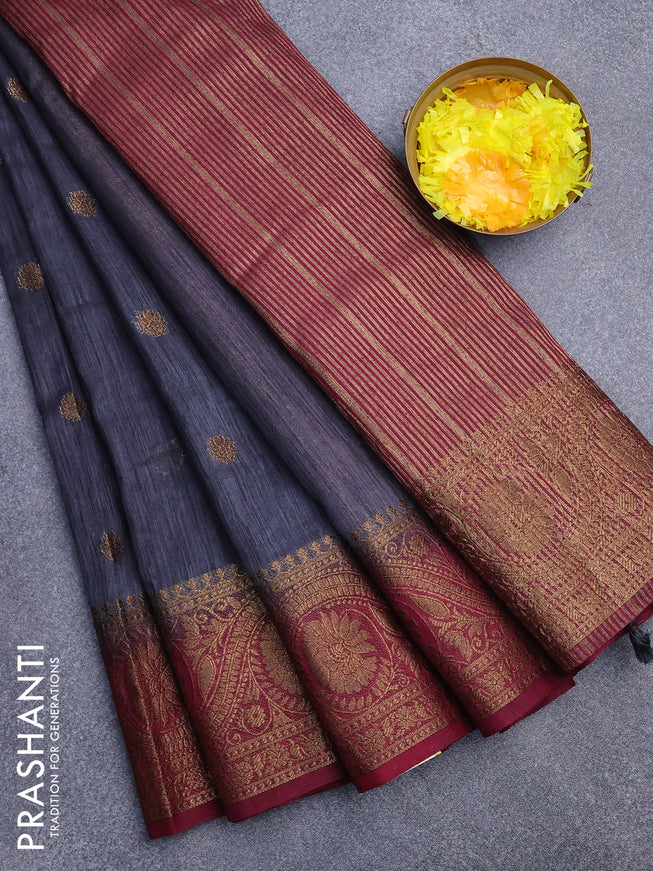 Banarasi semi matka saree grey and magenta pink with antique zari woven buttas and antique zari border