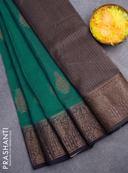 Banarasi semi matka saree teal green shade and navy blue with antique zari woven buttas and antique zari border