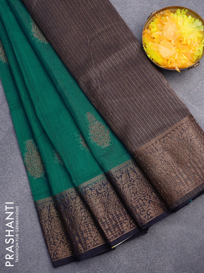 Banarasi semi matka saree teal green shade and navy blue with antique zari woven buttas and antique zari border