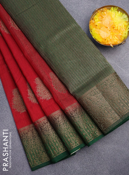 Banarasi semi matka saree red and green with antique zari woven buttas and antique zari border