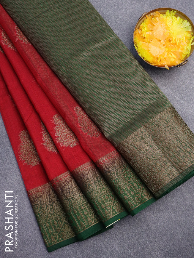 Banarasi semi matka saree red and green with antique zari woven buttas and antique zari border