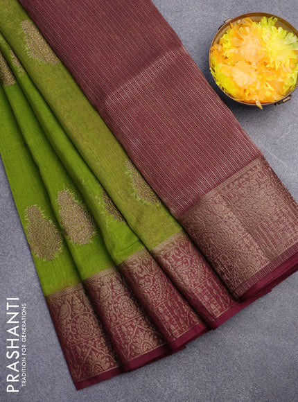 Banarasi semi matka saree mehendi green and wine shade with antique zari woven buttas and antique zari border