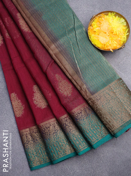 Banarasi semi matka saree wine shade and teal green with antique zari woven buttas and antique zari border