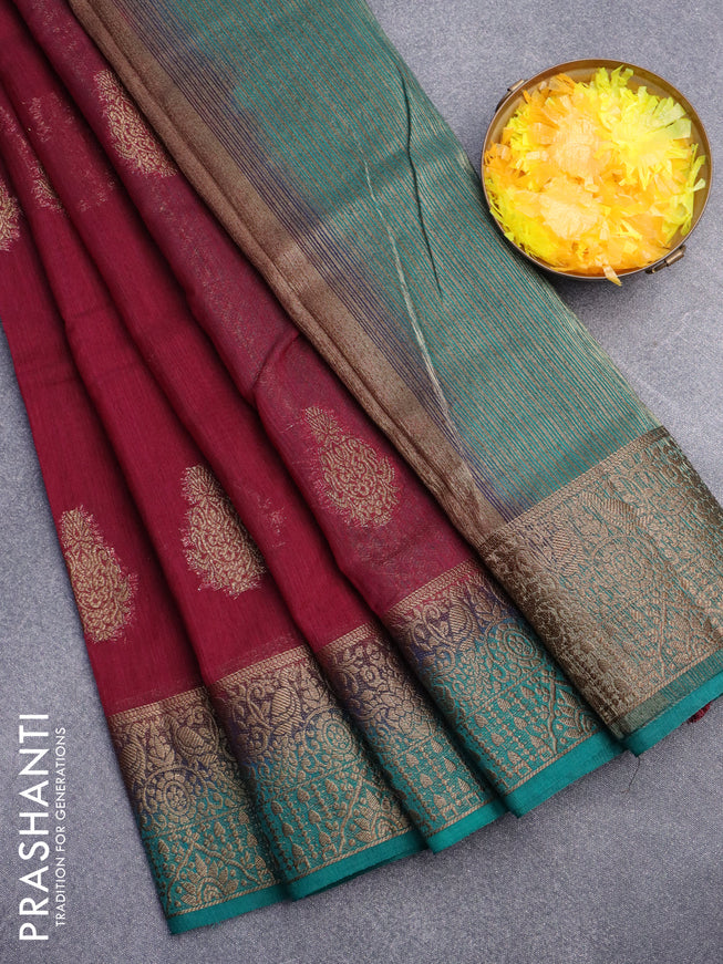 Banarasi semi matka saree wine shade and teal green with antique zari woven buttas and antique zari border