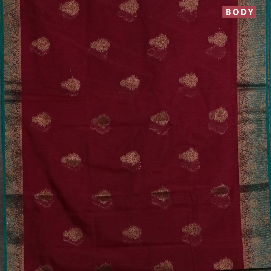 Banarasi semi matka saree wine shade and teal green with antique zari woven buttas and antique zari border